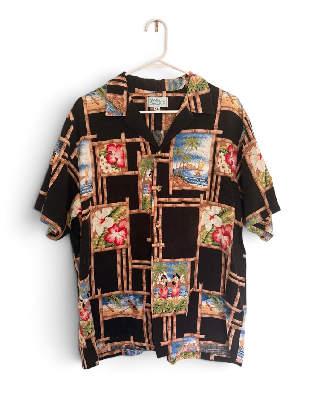 Vintage Kolekole Hawaiian Aloha Shirt XL Barkcloth Hula Girl Made in Hawaii
